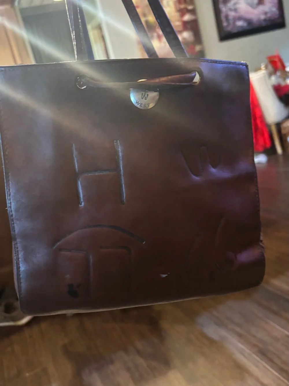 Two Bar West Small Brown Leather Western Tote Purse Embossed Brand Handbag